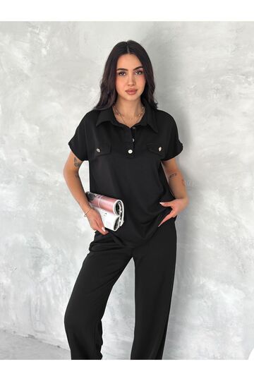 Düğmeli Polo Yaka Paça Yırtmaçlı Modal Kumaş Kısakol Eşofman Takım