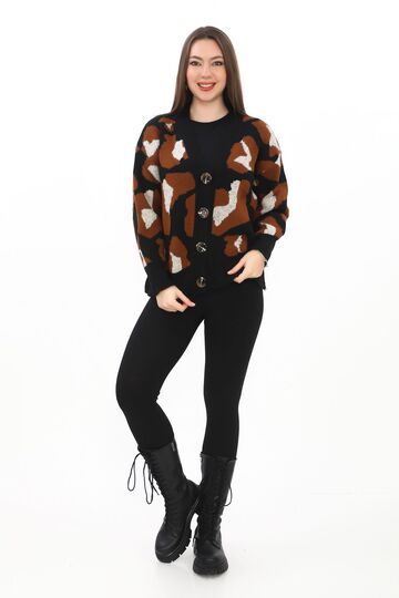 Leopar Desenli Düğmeli Oversize Örme Detaylı Triko Hırka