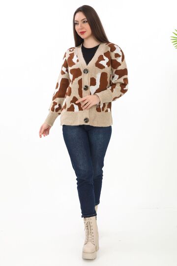 Leopar Desenli Düğmeli Oversize Örme Detaylı Triko Hırka