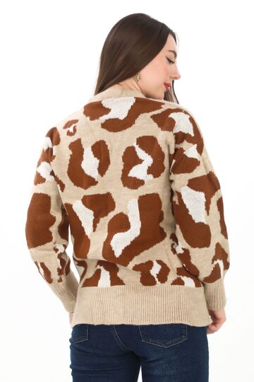 Leopar Desenli Düğmeli Oversize Örme Detaylı Triko Hırka