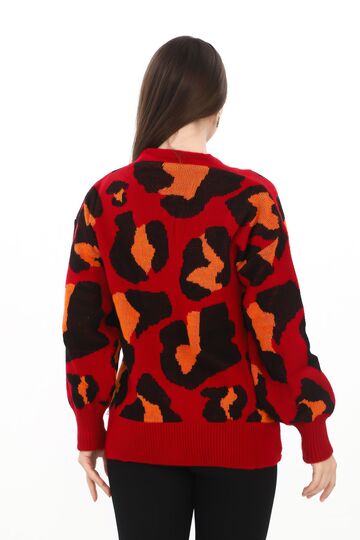 Leopar Desenli Düğmeli Oversize Örme Detaylı Triko Hırka