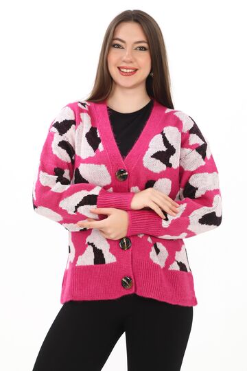 Leopar Desenli Düğmeli Oversize Örme Detaylı Triko Hırka