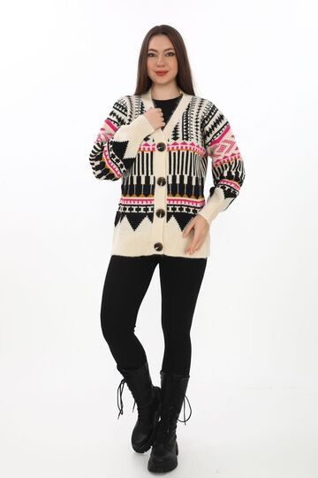 Oversize Düğmeli Örme Detaylı Triko Hırka