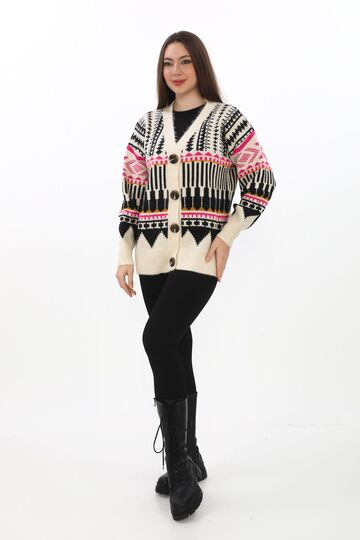 Oversize Düğmeli Örme Detaylı Triko Hırka