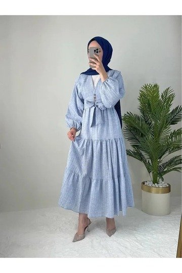 Düğme Detaylı Balon Kol Gofre Keten Bluz Etekli Takım