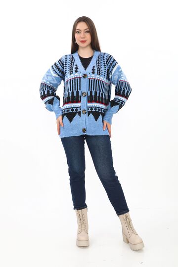 Oversize Düğmeli Örme Detaylı Triko Hırka