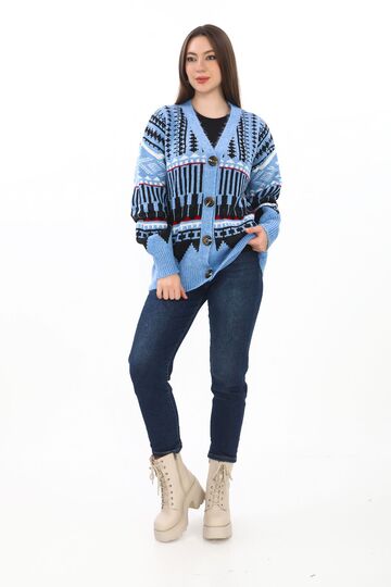 Oversize Düğmeli Örme Detaylı Triko Hırka