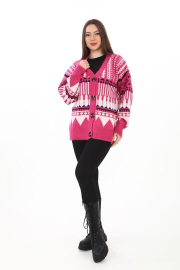 Oversize Düğmeli Örme Detaylı Triko Hırka
