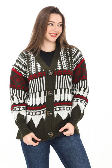 Oversize Düğmeli Örme Detaylı Triko Hırka