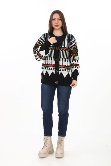 Oversize Düğmeli Örme Detaylı Triko Hırka