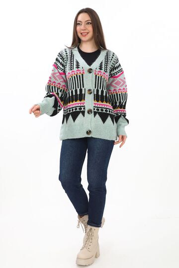 Oversize Düğmeli Örme Detaylı Triko Hırka