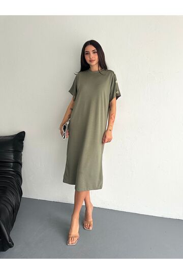 Süs Düğme Detaylı Yumuşak Doku Modal Kumaş Elbise