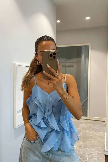 Yeni Sezon Ayarlanabilir Askılı Fırfırlı Viskon Kumaş Bluz
