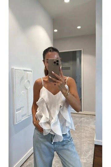 Yeni Sezon Ayarlanabilir Askılı Fırfırlı Viskon Kumaş Bluz