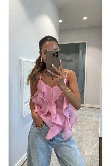 Yeni Sezon Ayarlanabilir Askılı Fırfırlı Viskon Kumaş Bluz