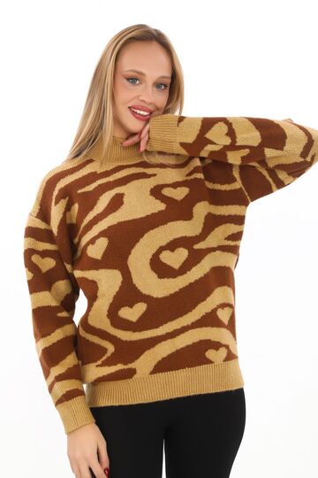 Leopar Desen Oversize Balıkçı Yaka Triko Kazak