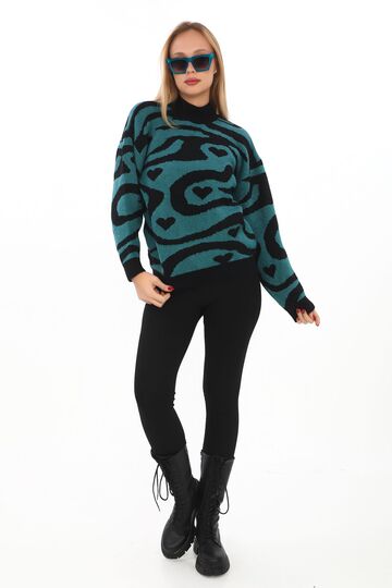 Leopar Desen Oversize Balıkçı Yaka Triko Kazak