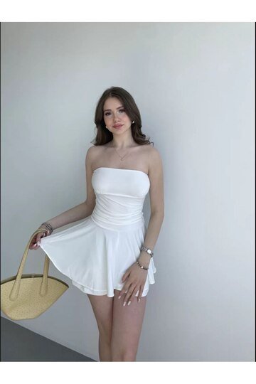 STRAPLEZ ŞORTLU ELBİSE LİKRALI SANDY KUMAŞ ELBİSE