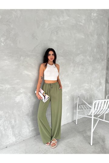 BELİ LASTİKLİ GENİŞ PAÇA AEROBİN KUMAŞ PANTOLON