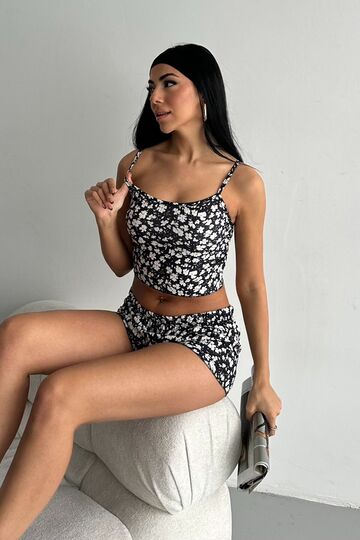 Kadın Şortlu Gecelik Takım, Çiçek Desenli Kadın Gecelik,Seksi Şortlu Takı,Fantazi Gecelik
