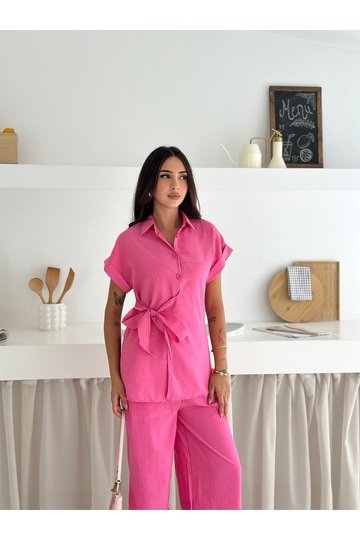 Bağlama detaylı cupra modal kumaş gömlekli alt-üst takım