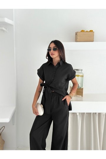 Bağlama detaylı cupra modal kumaş gömlekli alt-üst takım
