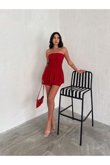 Şortlu Straplez Simli Elbise