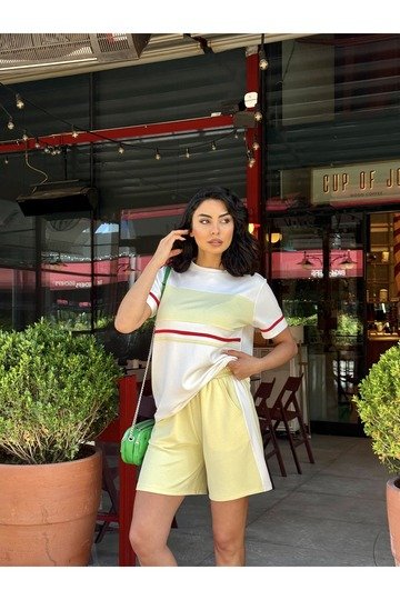 Modal kumaş önü şeritli şortlu takım