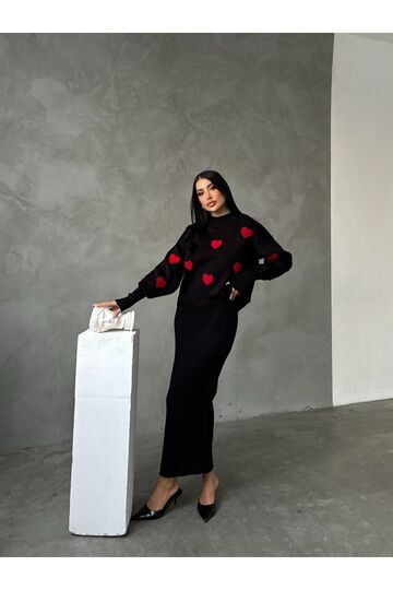 Kalp Detaylı  Kazak Elbise Takım