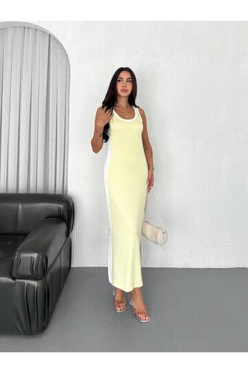 Garnili Kolsuz Askılı yırtmaçlı spor günlük modal kumaş elbise