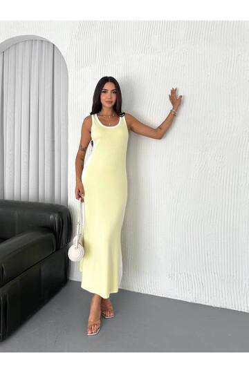 Garnili Kolsuz Askılı yırtmaçlı spor günlük modal kumaş elbise