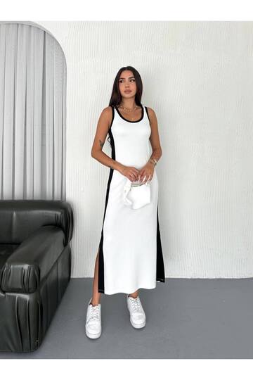 Garnili Kolsuz Askılı yırtmaçlı spor günlük modal kumaş elbise