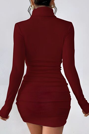 Bordo Balıkçı Yaka Drapeli Likralı Kaşkorse Mini Elbise