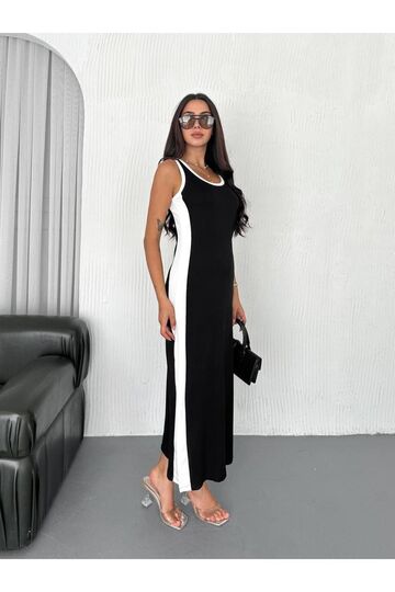 Garnili Kolsuz Askılı yırtmaçlı spor günlük modal kumaş elbise