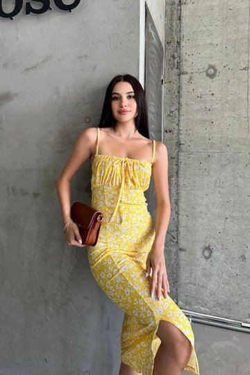 Askılı Raporlu Kaşkorse Kumaş Desenli Midi Elbise