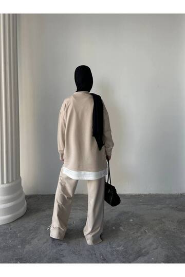 Garnili Çımalı Yırtmaç Detaylı İki İplik Kumaş Oversize Eşofman Takım