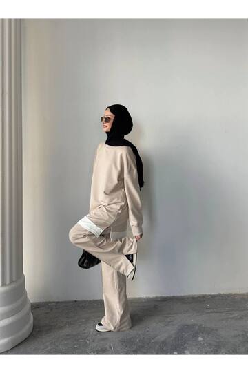 Garnili Çımalı Yırtmaç Detaylı İki İplik Kumaş Oversize Eşofman Takım