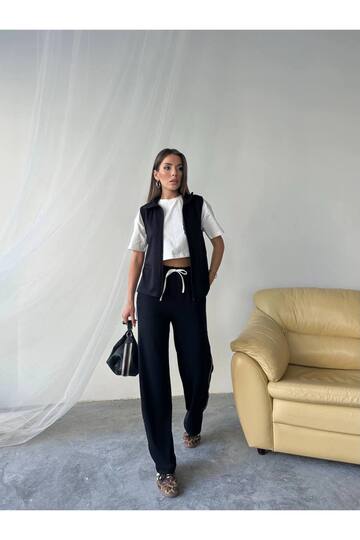 Biye Detaylı Yelekli cepli modal kumaş 3 lü set kısakol eşofman takım