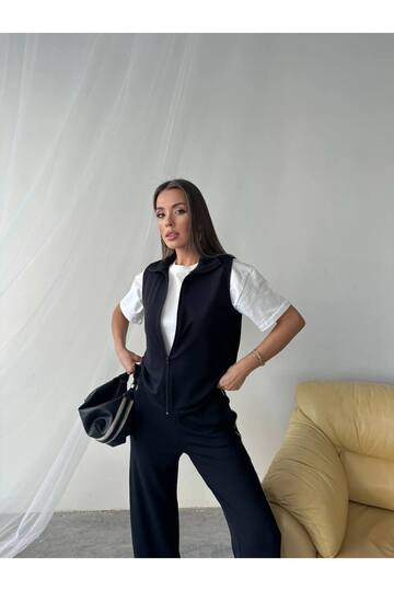 Biye Detaylı Yelekli cepli modal kumaş 3 lü set kısakol eşofman takım