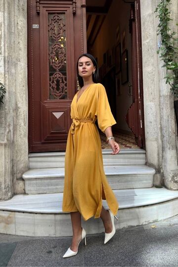Kadın Kemerli Yarasa Kol Ayrobin Elbise