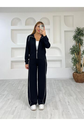 Modal Kumaş Şeritli Geniş Paça Fermuarlı  Eşofman Takımı