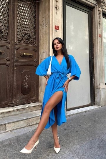 Kadın Kemerli Yarasa Kol Ayrobin Elbise