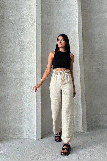 Hasır Kemerli Palazzo Keten bol paça Pantolon
