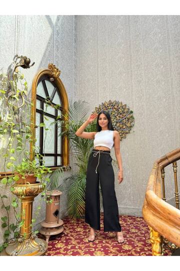Hasır Kemerli Palazzo Keten bol paça Pantolon
