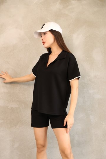 Biyeli polo yaka cepli yumuşak doku modal kumaş şortlu takım
