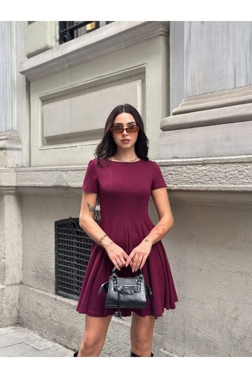 Modal Kumaş Volanlı Bordo Elbise