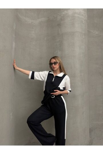 Garnili Yarım Fermuarlı Oversize Geniş Paça Yumuşak Doku Modal Kumaş Eşofman Takım