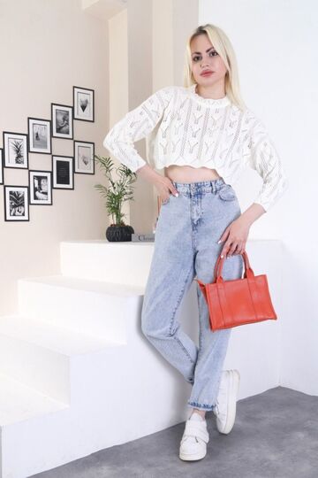Ajurlu Örme Detaylı Crop Triko Bluz Kazak
