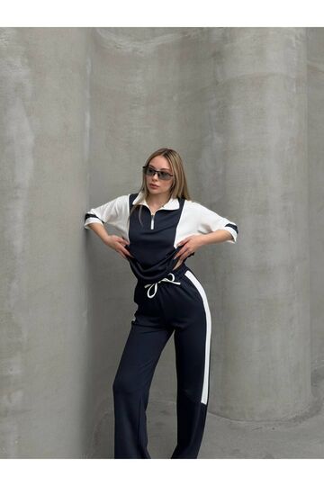 Garnili Yarım Fermuarlı Oversize Geniş Paça Yumuşak Doku Modal Kumaş Eşofman Takım