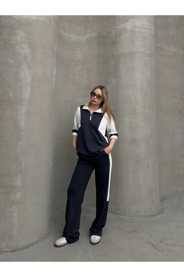 Garnili Yarım Fermuarlı Oversize Geniş Paça Yumuşak Doku Modal Kumaş Eşofman Takım